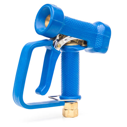 Blue rubber coating on a heavy duty brass hose water gun on a white background