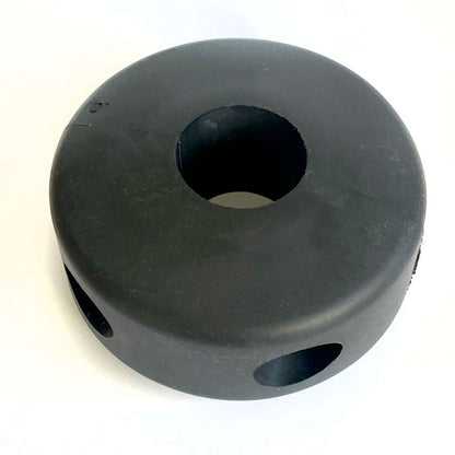 Black rubber hose stop with single holes on a white background